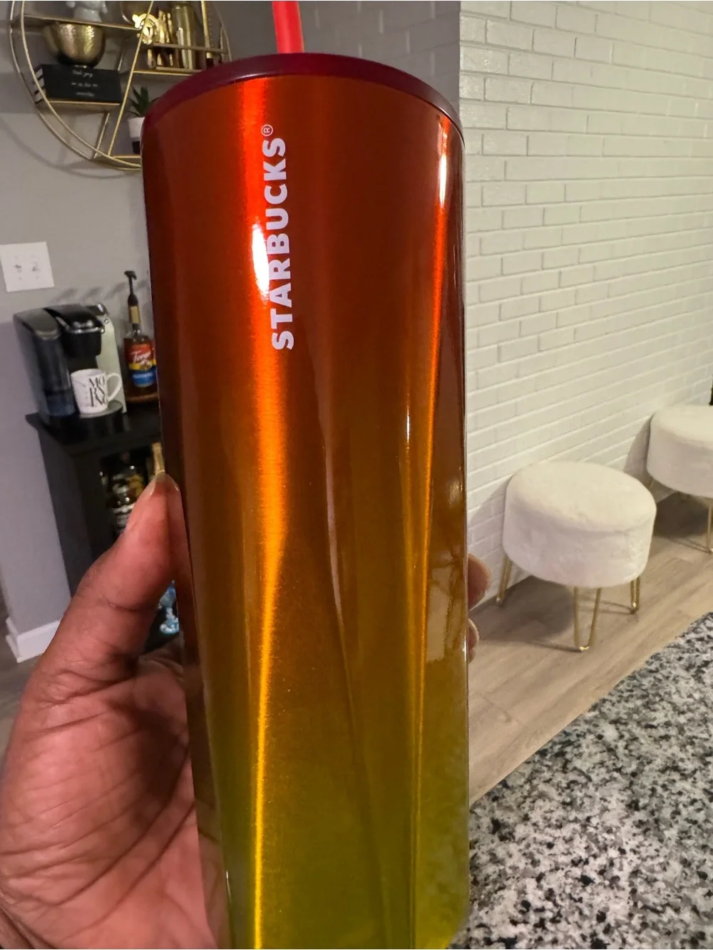 Starbucks Iridescent Orange and Gold Stainless Steel Tumbler with Red Straw